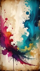 Abstract watercolor splatters in swirling, vibrant colors on a textured background