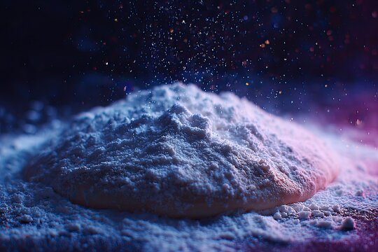 Powdery substance illuminated by colorful lights creates an ethe