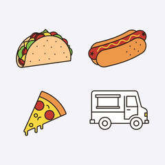 Delicious fast food icons taco hot dog pizza and food truck vector illustration