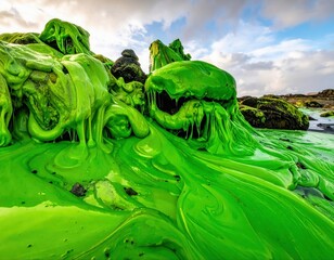Vibrant green algae covering black volcanic rocks