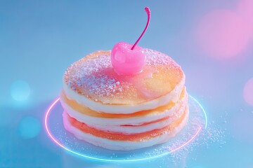 Fluffy pancakes stacked high, topped with glossy cherry and spar