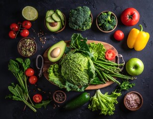 Fresh vegetables and healthy ingredients laying on dark background