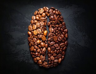 Coffee beans forming a large bean shape on black background