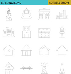 Fototapeta premium Modern Building Icons Set. Lineart Vector Illustrations of Residential & Public Buildings