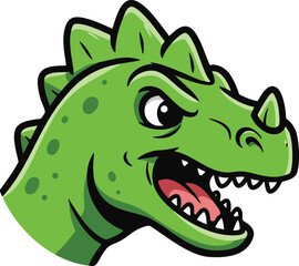 Fototapeta premium Green dinosaur head cartoon vector illustration with open mouth and sharp teeth in fierce expression 