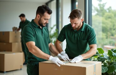 Professional moving team packs cardboard boxes. Men in green uniform wear white gloves, carefully seal package with strong tape. Work together to provide complete relocation service. Efficient
