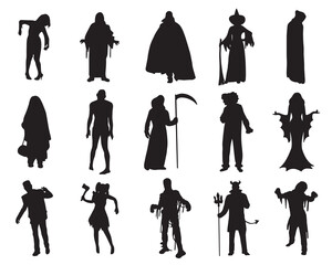 Halloween scary characters silhouettes set. Zombies, witch, ghost, vampire, devil, grim reaper and monster icons. Spooky horror costume collection for Halloween party design, vector illustration © Olena