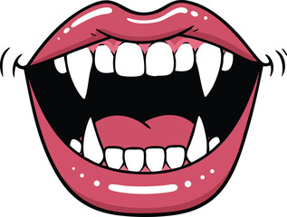 Naklejka premium Open mouth with vampire fangs showing sharp teeth and pink lips illustration vector art 