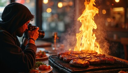 Man with camera photographs steak grilling over open fire. Flames rise from barbecue in restaurant kitchen. Juicy meat cooks on grill outdoors at night.