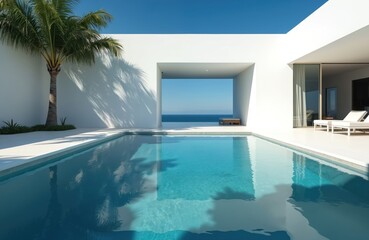 Fototapeta premium Modern villa with clean lines, infinity pool, and ocean view. White architecture, palm trees, sunny day. Luxury resort getaway, serene vacation home design.