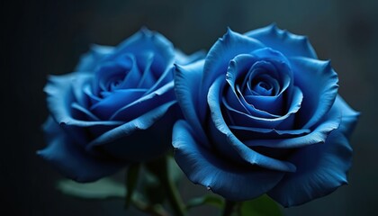 Two blue roses in deep focus against a dark background. Floral photo is full of vibrant colours. Flower composition evokes feelings of mystery and elegance. Ideal artwork for various design projects.