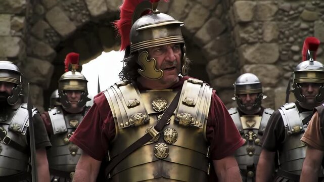 Roman Centurion Commander giving orders to his legion of soldiers in armor