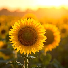 Obraz premium Close-up of a vibrant sunflower field at sunset