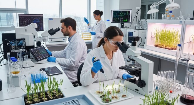 Scientists collaborating in a modern lab environment using microscopes and lab equipment to analyze and test genetic modifications on wheat plants.