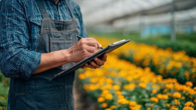Medium shot of a certification auditor holding a clipboard while inspecting ecofriendly farm produce the natural harvest and farm environment softly blurred behind.