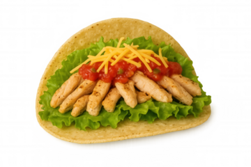 Chicken taco with fresh lettuce, salsa, and shredded cheese on a corn tortilla, mexican food on transparent background
