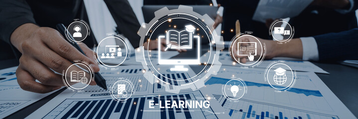 Professionals collaborate on e-learning strategies using graphs and digital symbols, representing innovation in education and business growth through technology. Trope