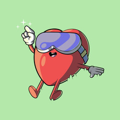 Heart Character with Virtual Reality Glasses Laying on Grass vector illustration. Tech, mascot design concept.