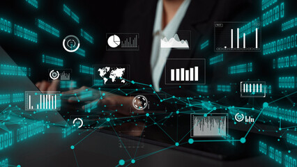 Visual representation of business data analysis with charts and graphs in a digital interface, showcasing modern workplace technology and communication in marketing. Xenic