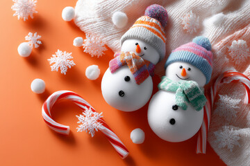 Two joyful snowmen dressed in colorful scarves and hats sit among winter decorations and candy canes, creating a festive atmosphere for the holiday season