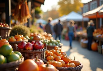 Autumn farmers market with baskets of fresh apples and pumpkins, people in the background, vibrant seasonal atmosphere, ideal for food advertising, harvest promotions, lifestyle design projects, blogs