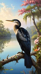 A dark-colored bird, a cormorant, perches on a branch over a tranquil, sunlit river scene, with blooming trees and flowers