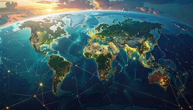 World map at sunset, showcasing global connectivity with lights