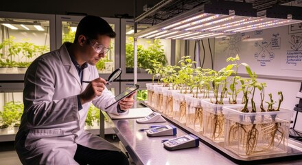 Scientist documenting growth patterns of rootstock in a controlled environment emphasizing research on adaptability and enhanced yield for sustainable farming.