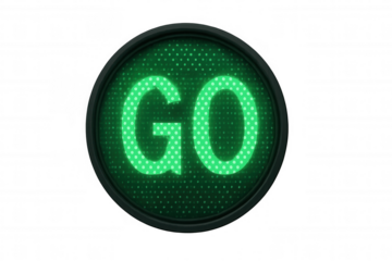 Green traffic light showing go with glowing led dots, indicating permission to proceed, transparent background