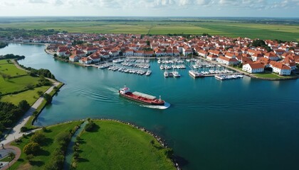 Aerial view of a coastal town with a marina full of sailboats. A cargo ship sails on the blue water past white buildings with red roofs and green fields.