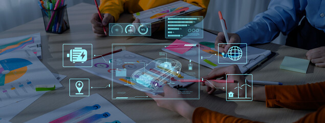 A dynamic team brainstorming in a modern workspace, with digital interface elements illustrating innovative project ideas and design concepts for future technologies. Trope