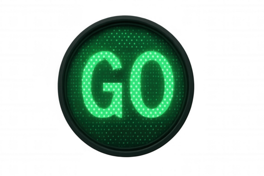 Green traffic light showing go with glowing led dots, indicating permission to proceed, transparent background
