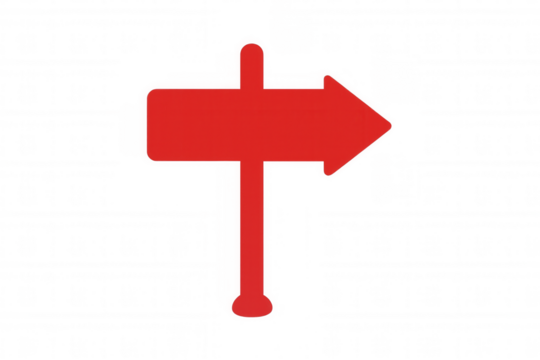 Red pointer sign directing right, showing guidance, wayfinding, and a chosen way forward on transparent background