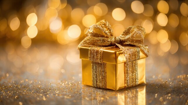 A small golden gift box with a glittery ribbon is placed on a shiny surface. Surrounding it are soft sparkling lights that create a festive ambiance ideal for celebrations.
