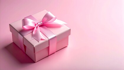 Obraz premium A single, square, light-pink gift box, adorned with a matching pink satin ribbon and bow, sits on a soft pink surface