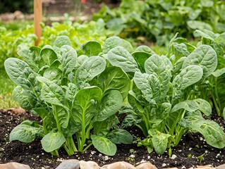 Fresh Spinach Plants Thriving in a Lush Vegetable Garden Bed