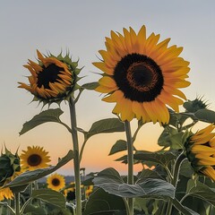 Bright Sunflowers in Beautiful Golden Light at Sunset