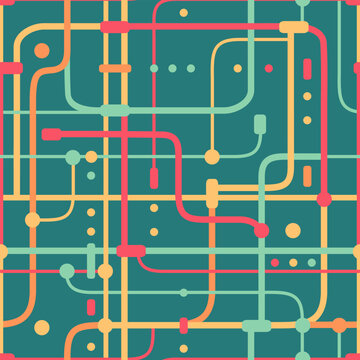 Seamless metro map pattern with colorful intersecting lines and circles, abstract network background