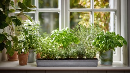 A window sill with a variety of potted plants, including basil, parsley, and rosemary