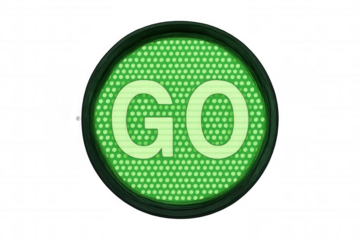 Green led light signal showing go word, indicating permission to start, proceeding, and moving forward