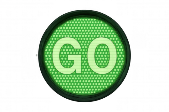 Green led light signal showing go word, indicating permission to start, proceeding, and moving forward