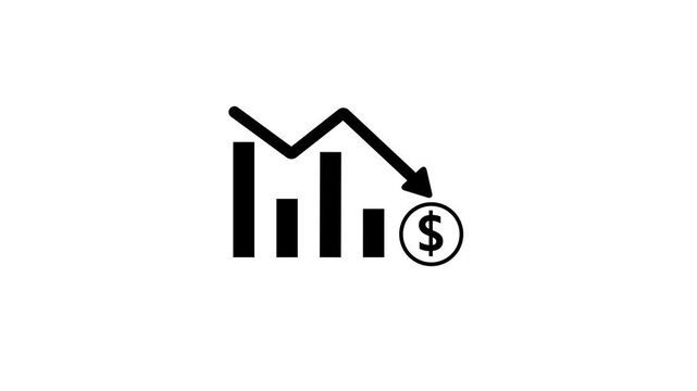 Business loss falling down with dollar icon, financial graph chart animation.