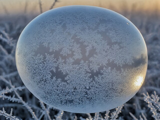 ﻿Eiskugel im Winterglanz: Kristalline Strukturen und frostige Pflanzen im Hintergrund.