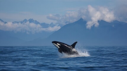 Fototapeta premium An orca leaps gracefully from the ocean splashing water around it. In the background majestic mountains rise under a clear sky creating a stunning natural scene.