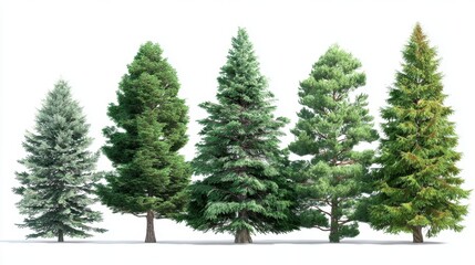 Obraz premium A row of five trees, each with a different color of leaves. The trees are all green, but some are slightly darker than others. The image has a peaceful and serene mood