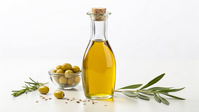 Olive oil bottle with green olives and herbs on white background - Powered by Adobe