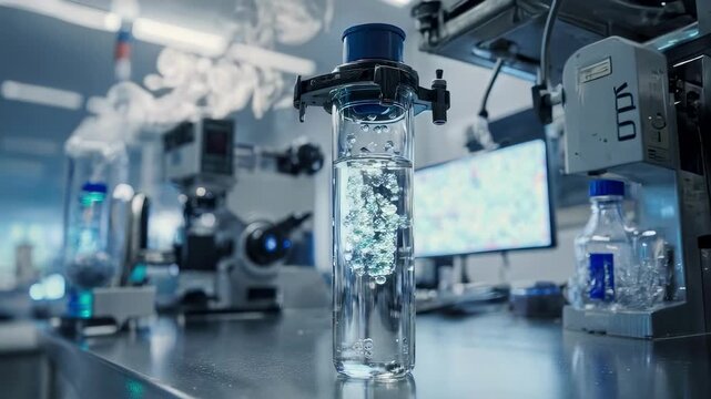 Advanced biotechnology lab scene showing a bioreactor with bubbling liquid and high tech equipment as scientists develop novel pharmaceutical compounds and breakthrough therapies