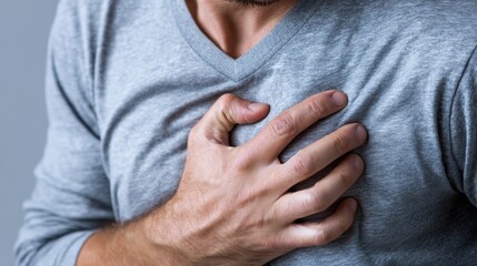 Fototapeta premium A man is wearing a gray shirt and has his hand on his chest. He is in pain