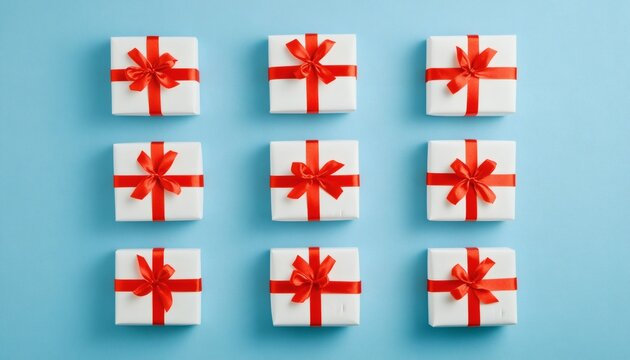 The image shows nine square white gift boxes, each tied with a red ribbon and bow, neatly arranged in a three-by-three grid on a light blue background.