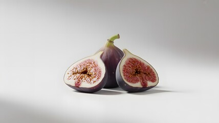 Fresh, ripe purple figs are cut in half on a wooden table, a sweet, healthy, and juicy tropical fruit ready to eat